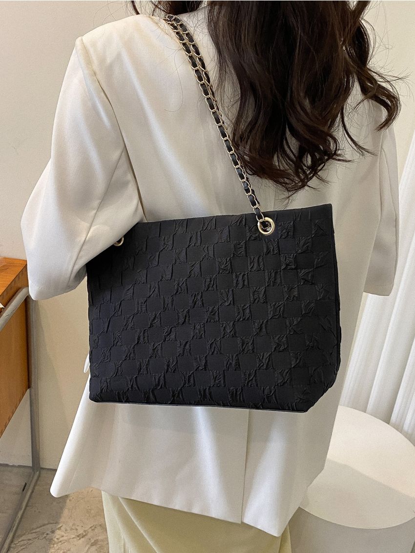 Checkered Textured Chain Square Bag