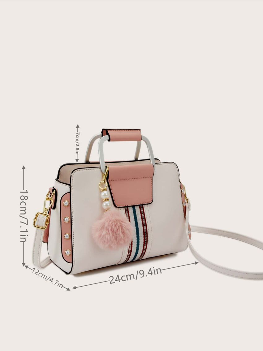 Faux Pearl & Pom-pom Decor Striped Panel Satchel Bag, Mothers Day Gift For Mom