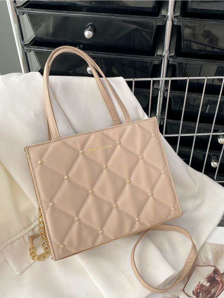 Letter Graphic Studded Decor Argyle Quilted Square Bag