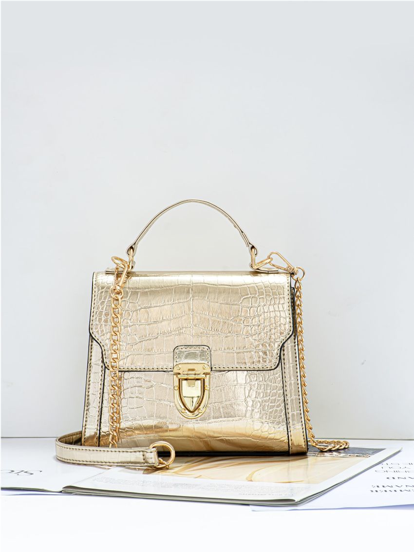 Metallic Crocodile Embossed Push Lock Square Bag