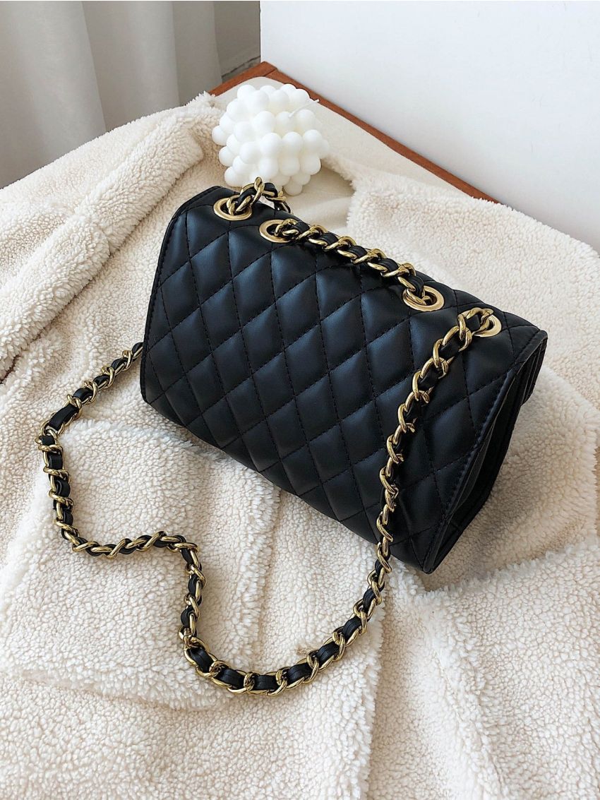 Metal Decor Quilted Pattern Chain Flap Square Bag