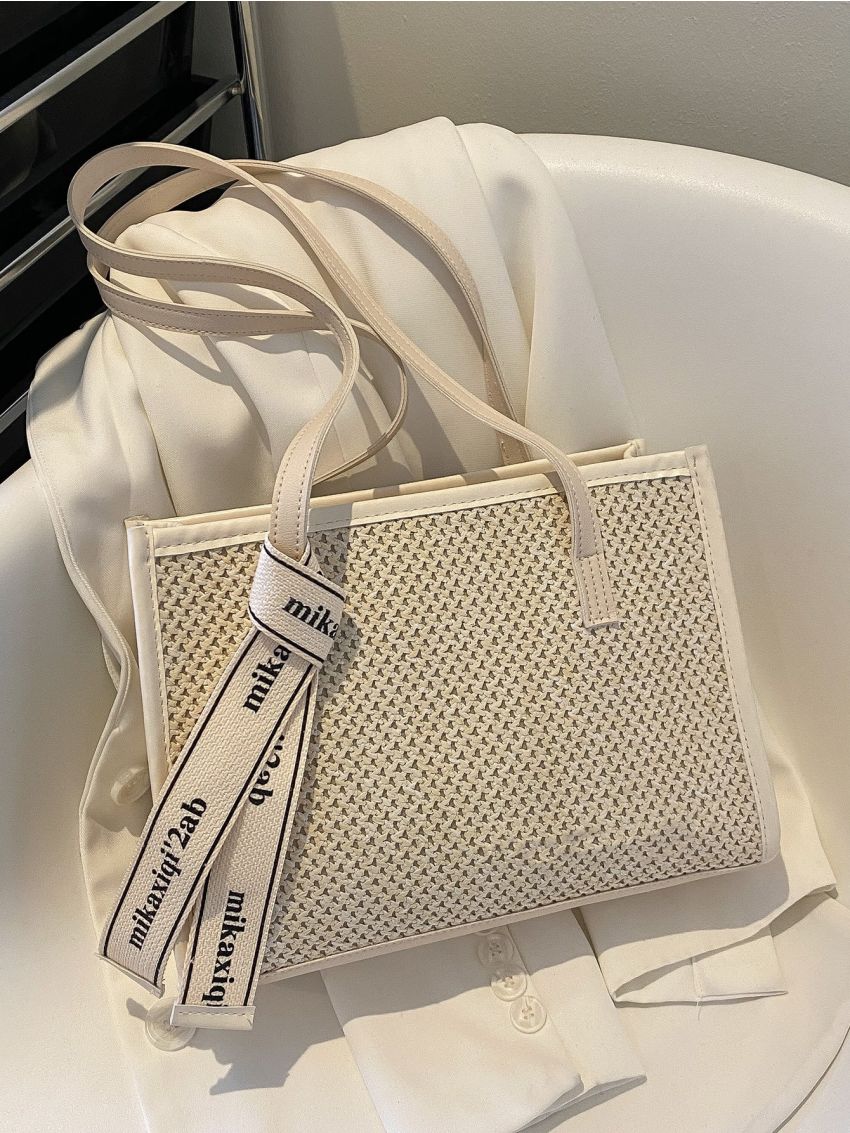 Letter Tape Decor Contrast Binding Straw Bag