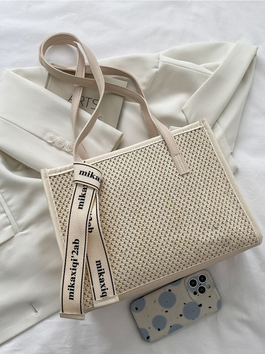 Letter Tape Decor Contrast Binding Straw Bag