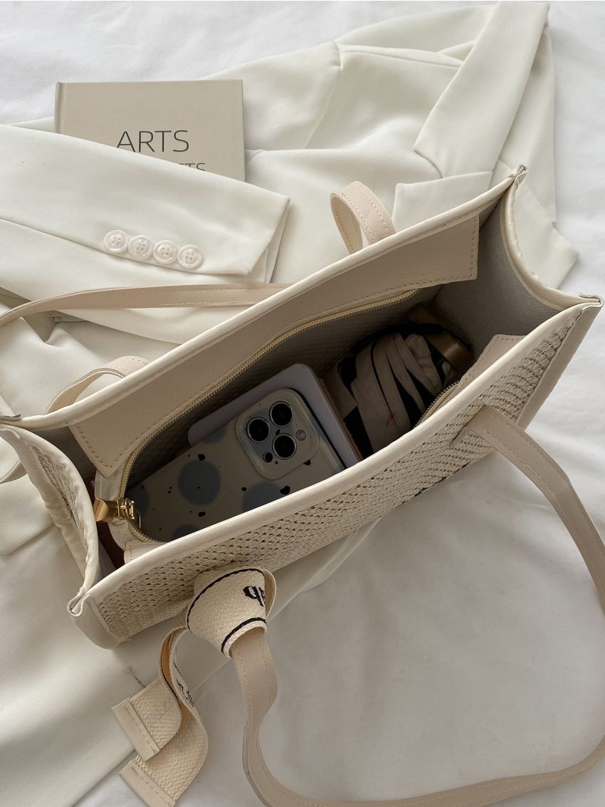 Letter Tape Decor Contrast Binding Straw Bag