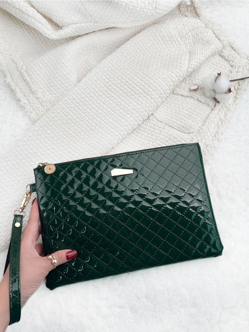 Holographic Quilted Detail Metal Decor Clutch Bag With Wristlet