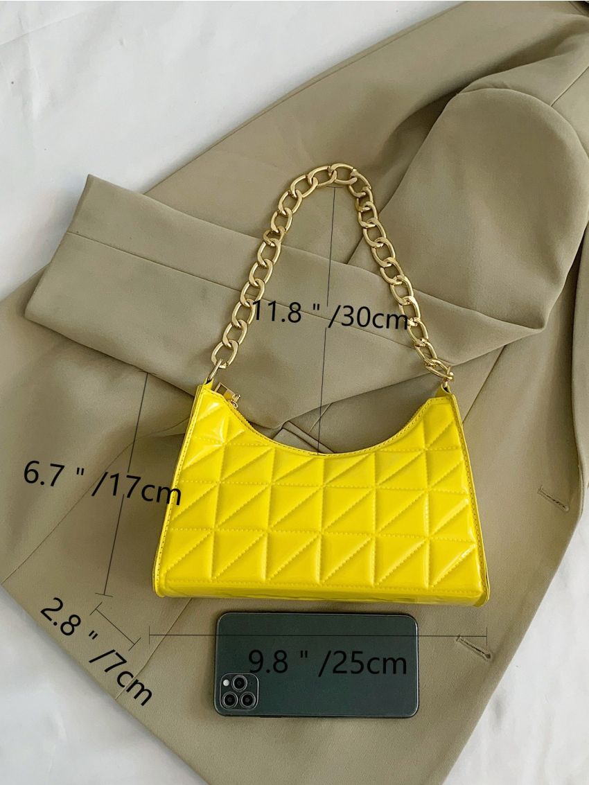 Quilted Chain Artificial Patent Leather Baguette Bag