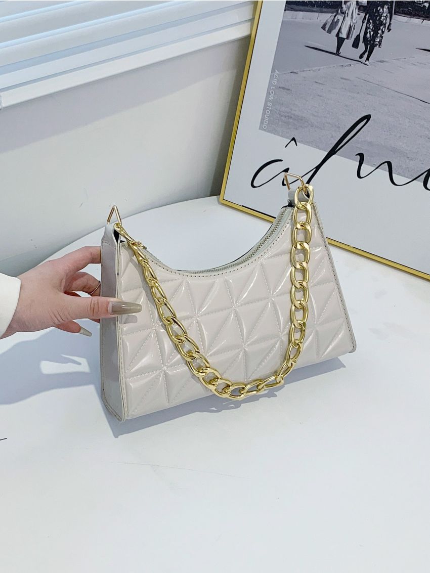 Quilted Chain Artificial Patent Leather Baguette Bag