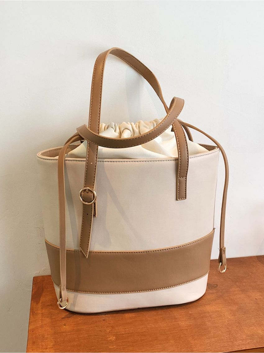 Two Tone Buckle Decor Drawstring Design Shoulder Tote Bag
