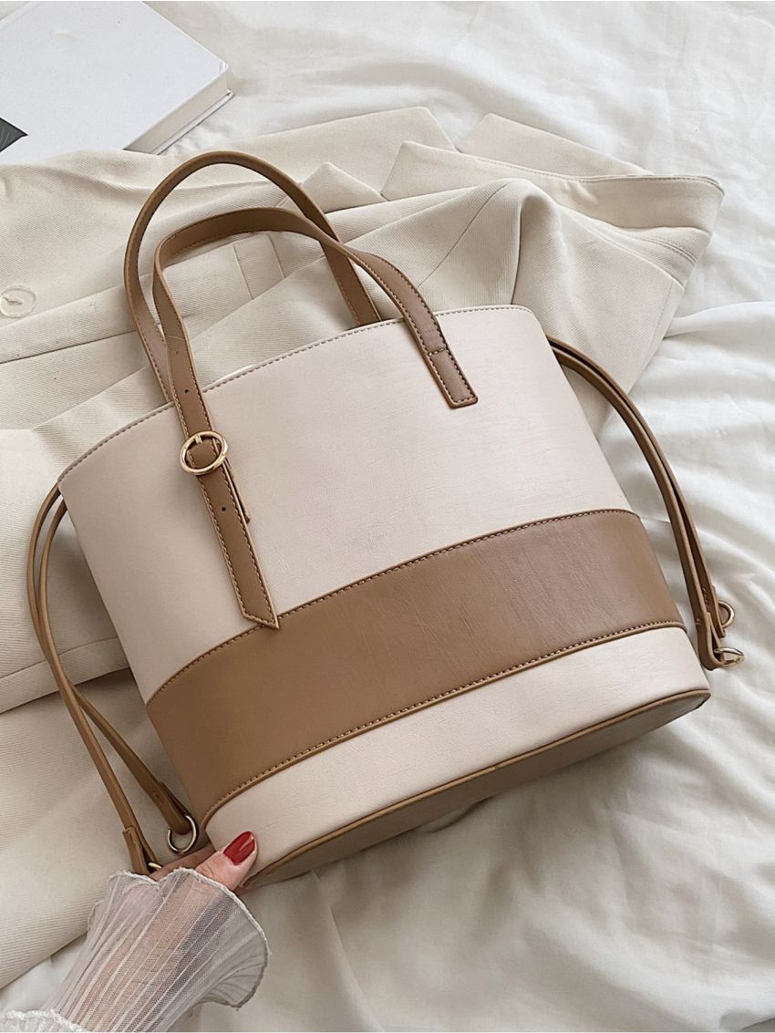 Two Tone Buckle Decor Drawstring Design Shoulder Tote Bag