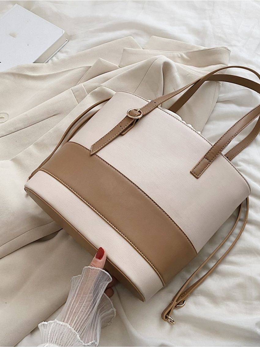 Two Tone Buckle Decor Drawstring Design Shoulder Tote Bag