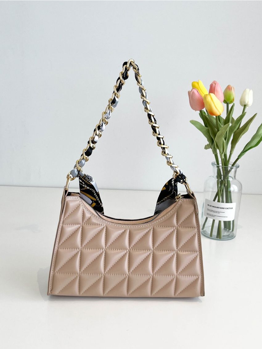 Twilly Scarf Decor Quilted Chain Baguette Bag