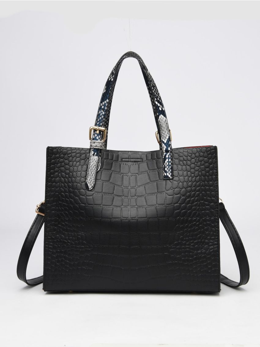 Crocodile Embossed Square Bag With Bag Charm