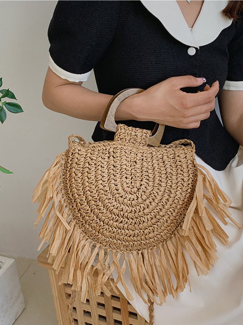 Fringe Trim Double Handle Straw Bag