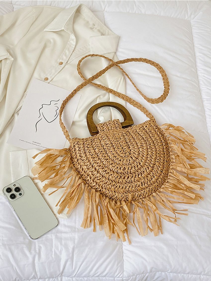 Fringe Trim Double Handle Straw Bag