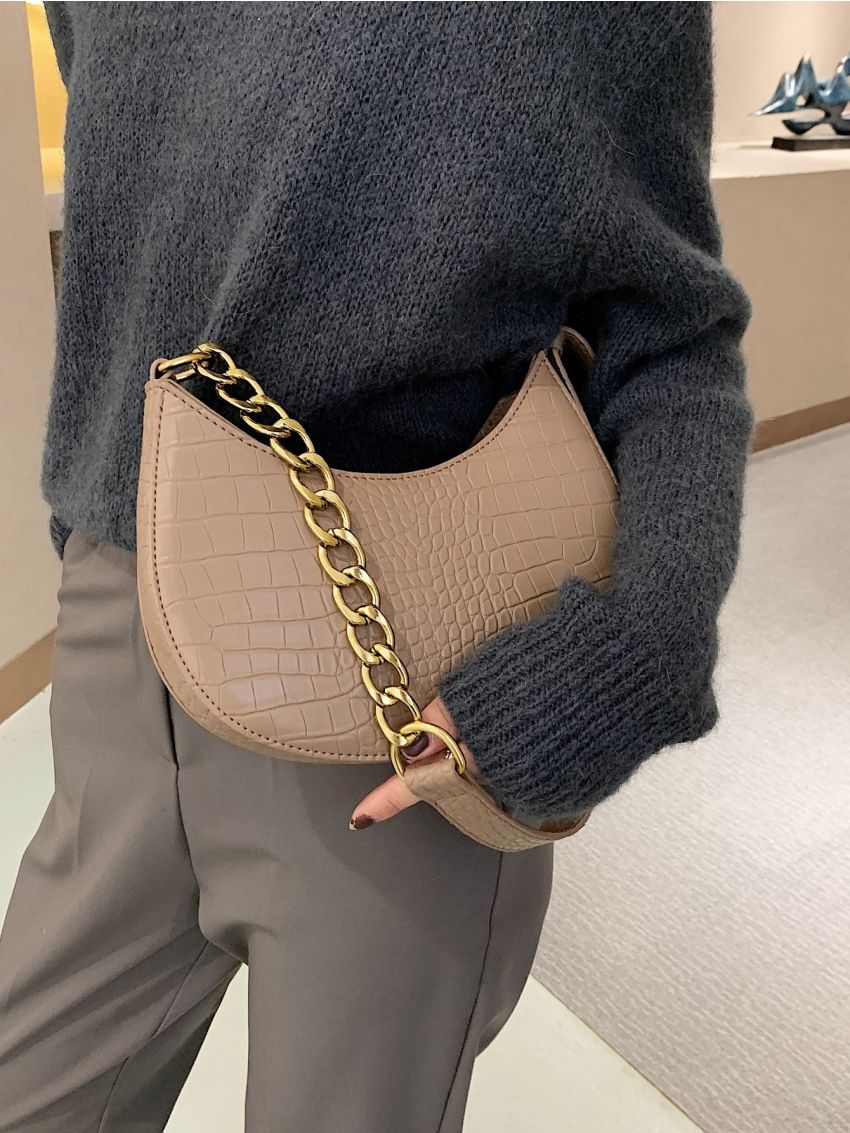 Crocodile Embossed Chain Decor Hobo Bag