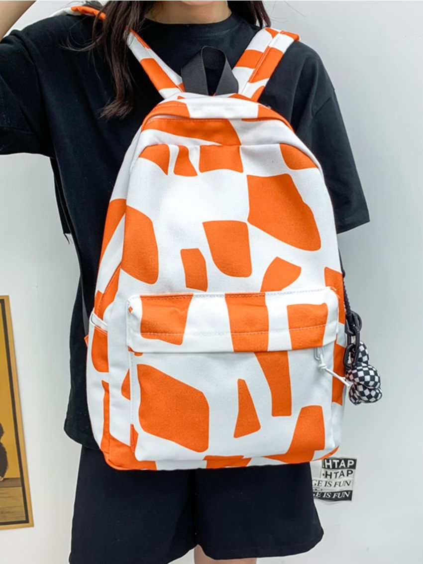 Geometric Print Functional Backpack With Bag Charm