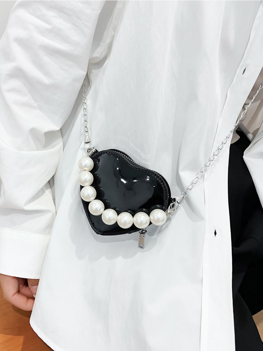 Mini Faux Pearl Beaded Heart Shaped Chain Novelty Bag