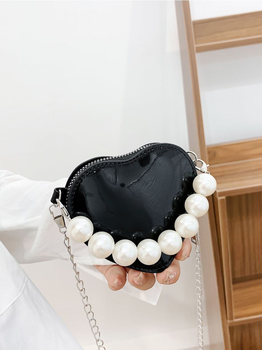 Mini Faux Pearl Beaded Heart Shaped Chain Novelty Bag