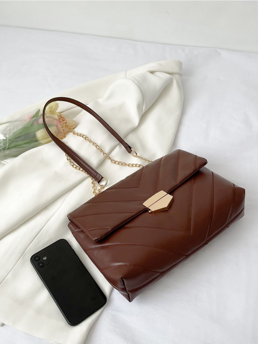 Chevron Detail Metal Lock Flap Chain Shoulder Tote Bag