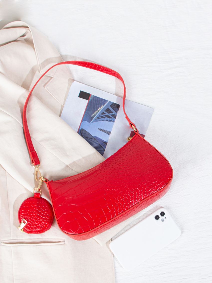 Croc Embossed Baguette Bag With Purse