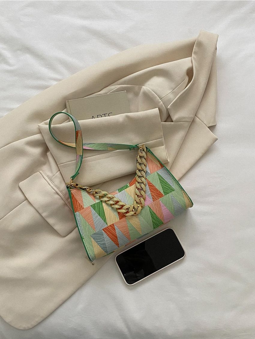 Geometric Pattern Chain Baguette Bag