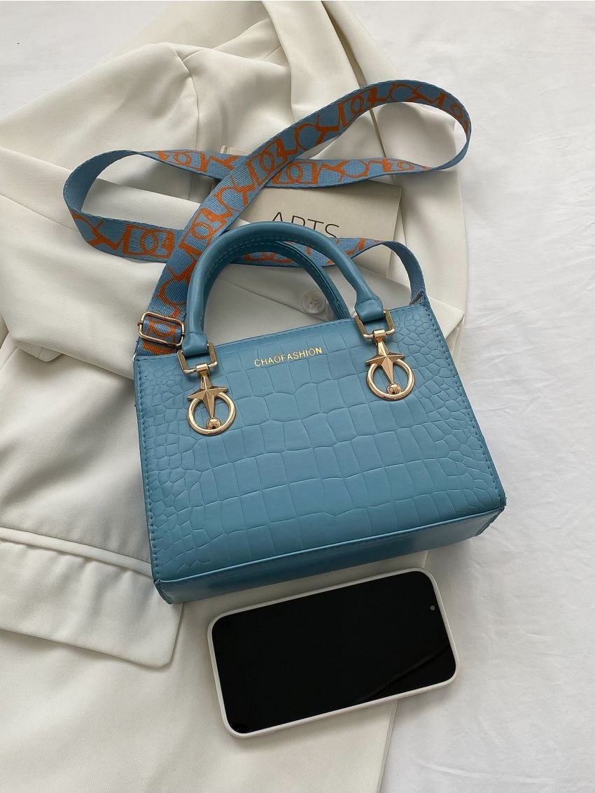 Mini Crocodile Embossed Letter Graphic Square Bag