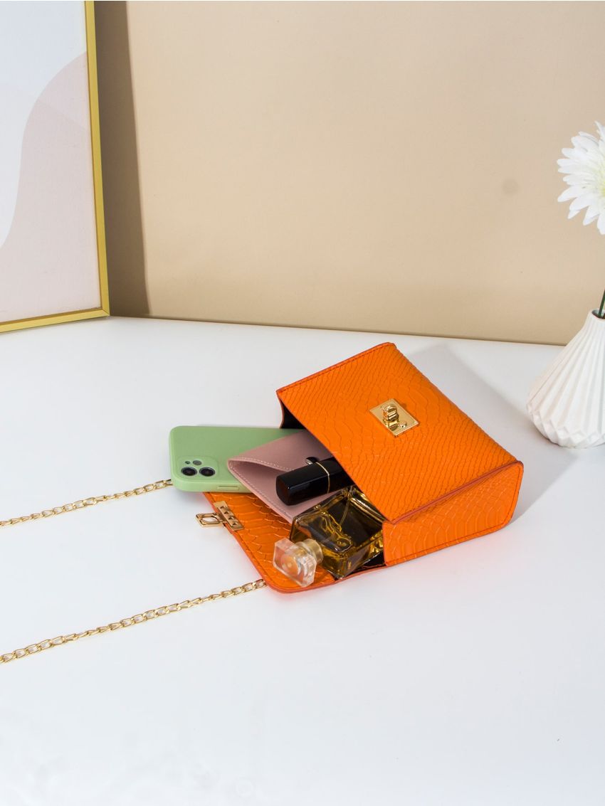 Mini Metallic Snakeskin Embossed Twist Lock Flap Chain Square Bag