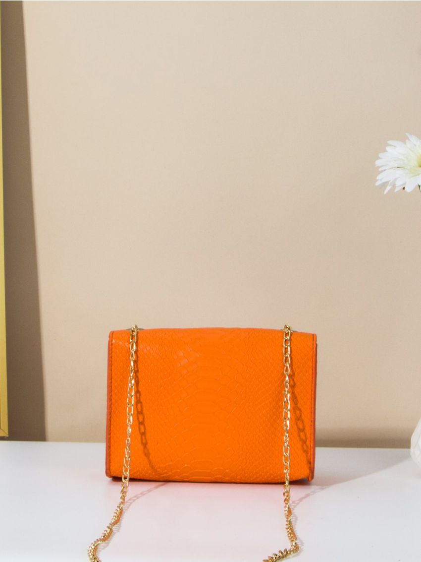 Mini Metallic Snakeskin Embossed Twist Lock Flap Chain Square Bag