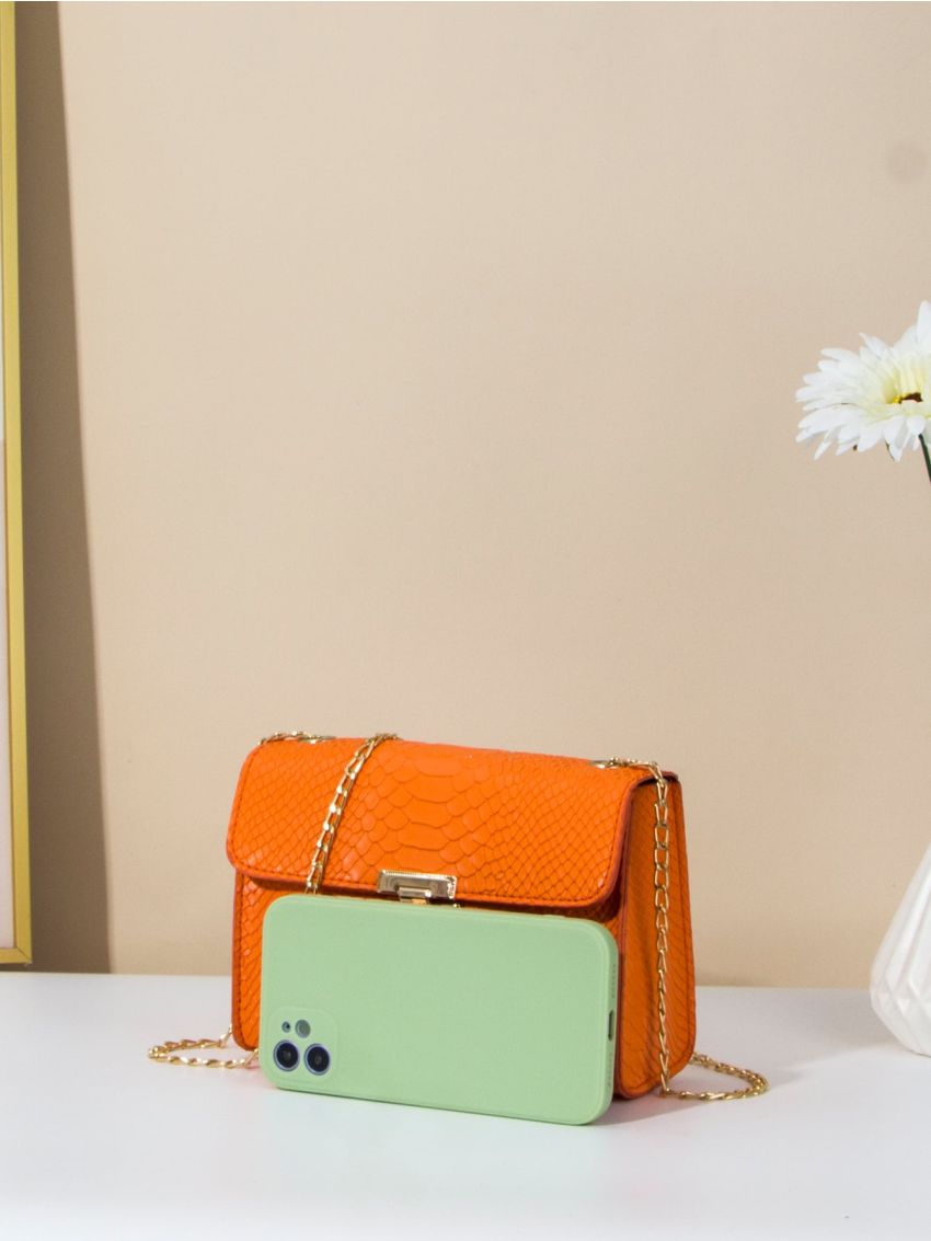 Mini Metallic Snakeskin Embossed Twist Lock Flap Chain Square Bag