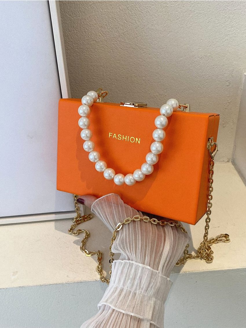 Mini Neon Orange Faux Pearl Decor Box Bag