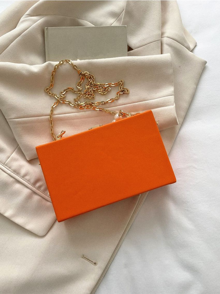 Mini Neon Orange Faux Pearl Decor Box Bag