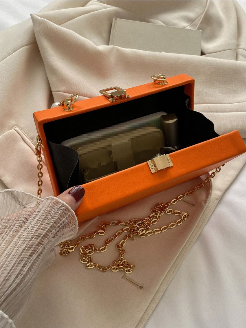 Mini Neon Orange Faux Pearl Decor Box Bag