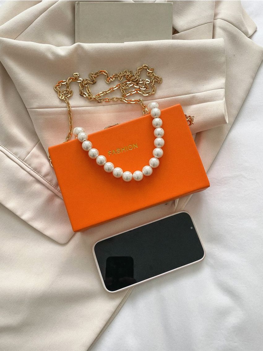 Mini Neon Orange Faux Pearl Decor Box Bag