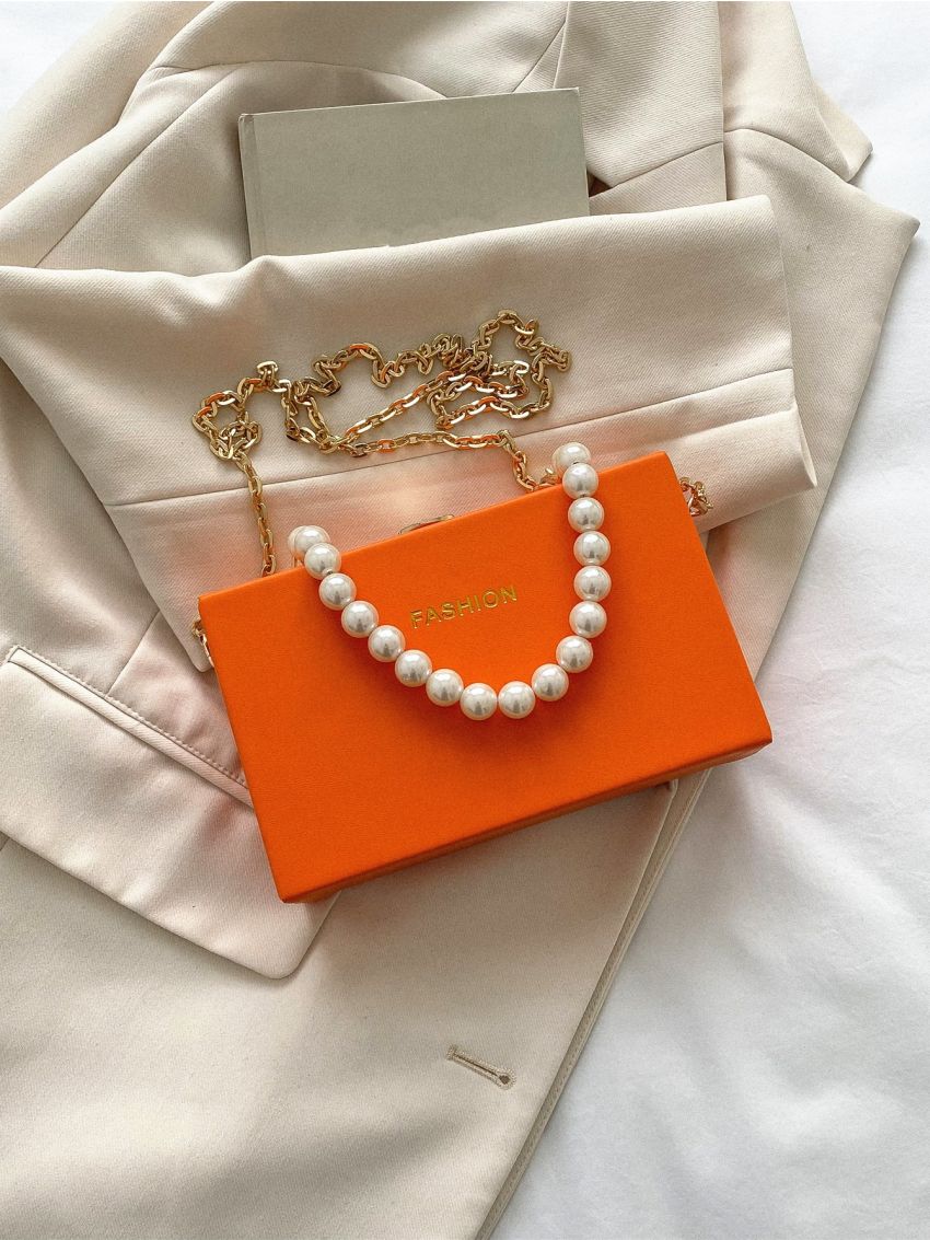 Mini Neon Orange Faux Pearl Decor Box Bag