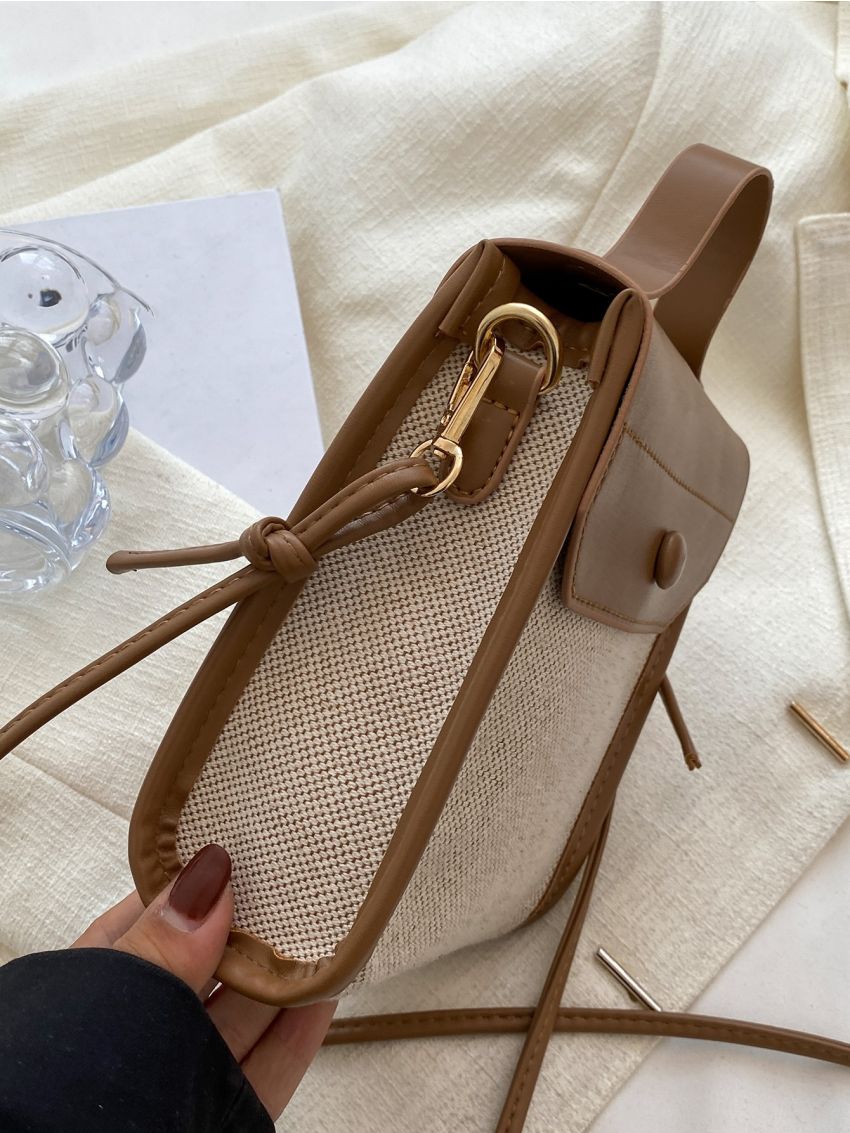 Mini Two Tone Button Decor Flap Straw Bag