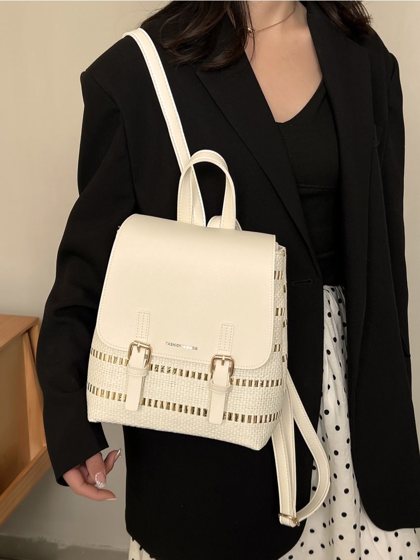 Letter Embossed Metal Buckle Decor Flap Straw Bag