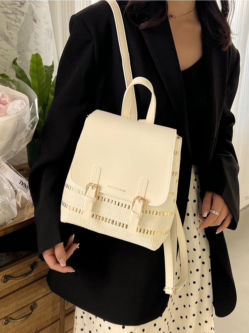 Letter Embossed Metal Buckle Decor Flap Straw Bag