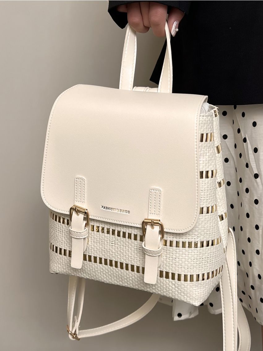 Letter Embossed Metal Buckle Decor Flap Straw Bag