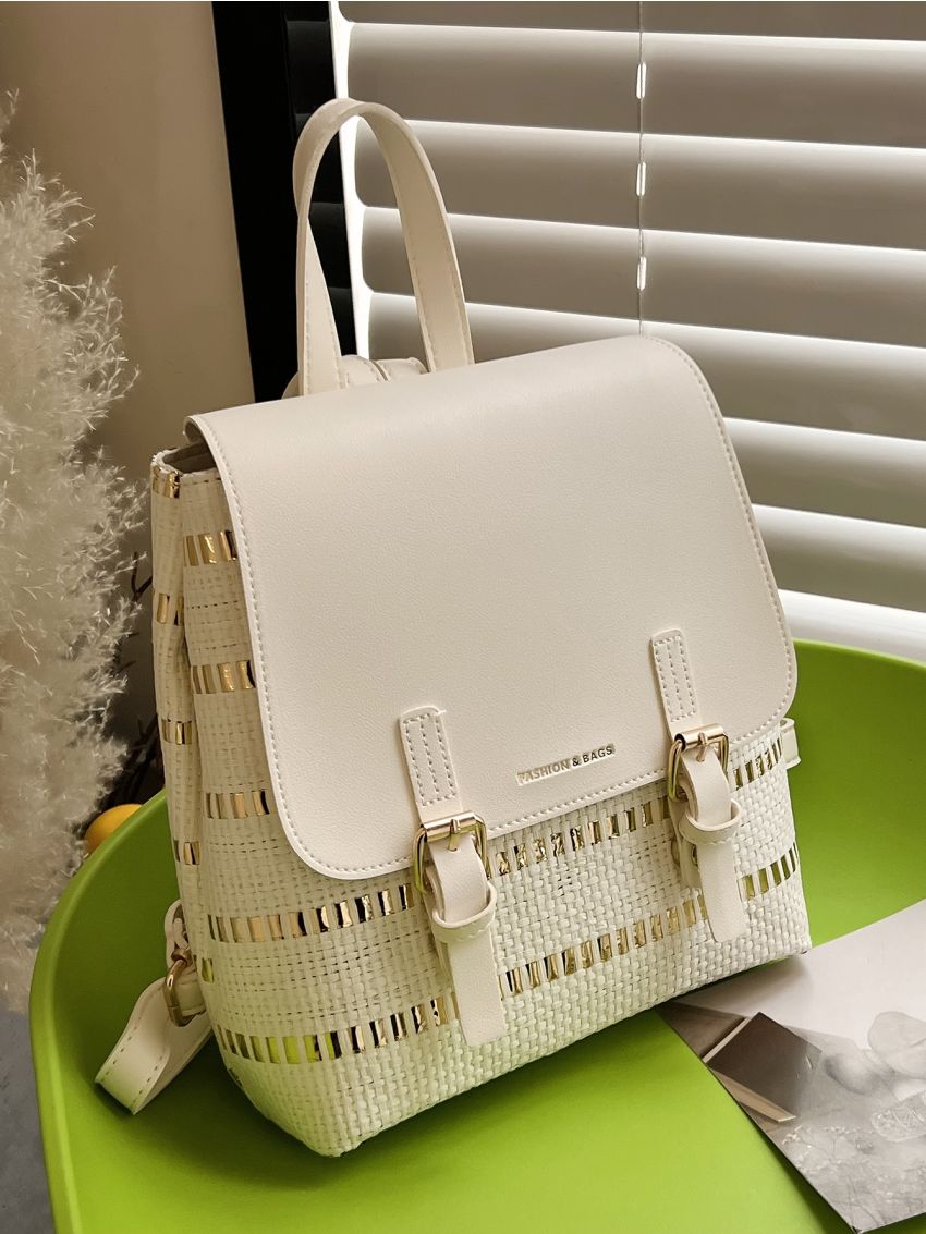 Letter Embossed Metal Buckle Decor Flap Straw Bag