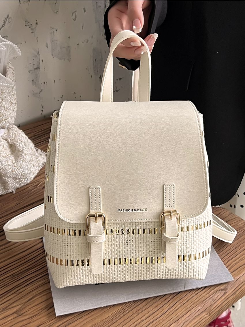 Letter Embossed Metal Buckle Decor Flap Straw Bag