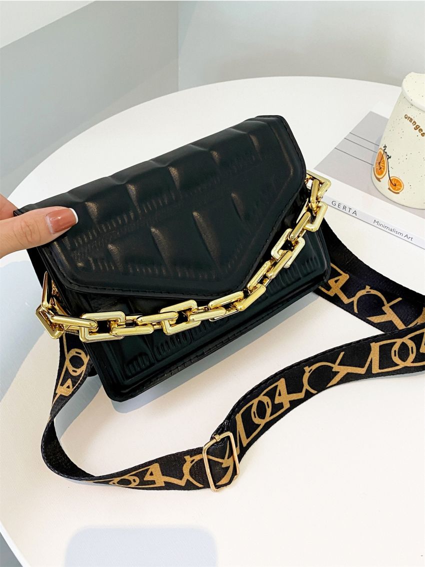 Embossed Detail Chain Flap Square Bag