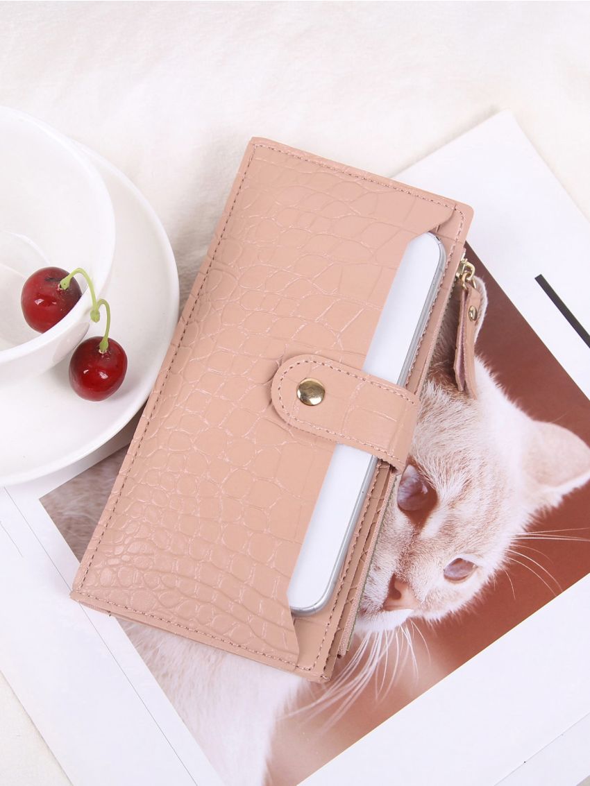 Random Crocodile Embossed Snap Button Long Wallet