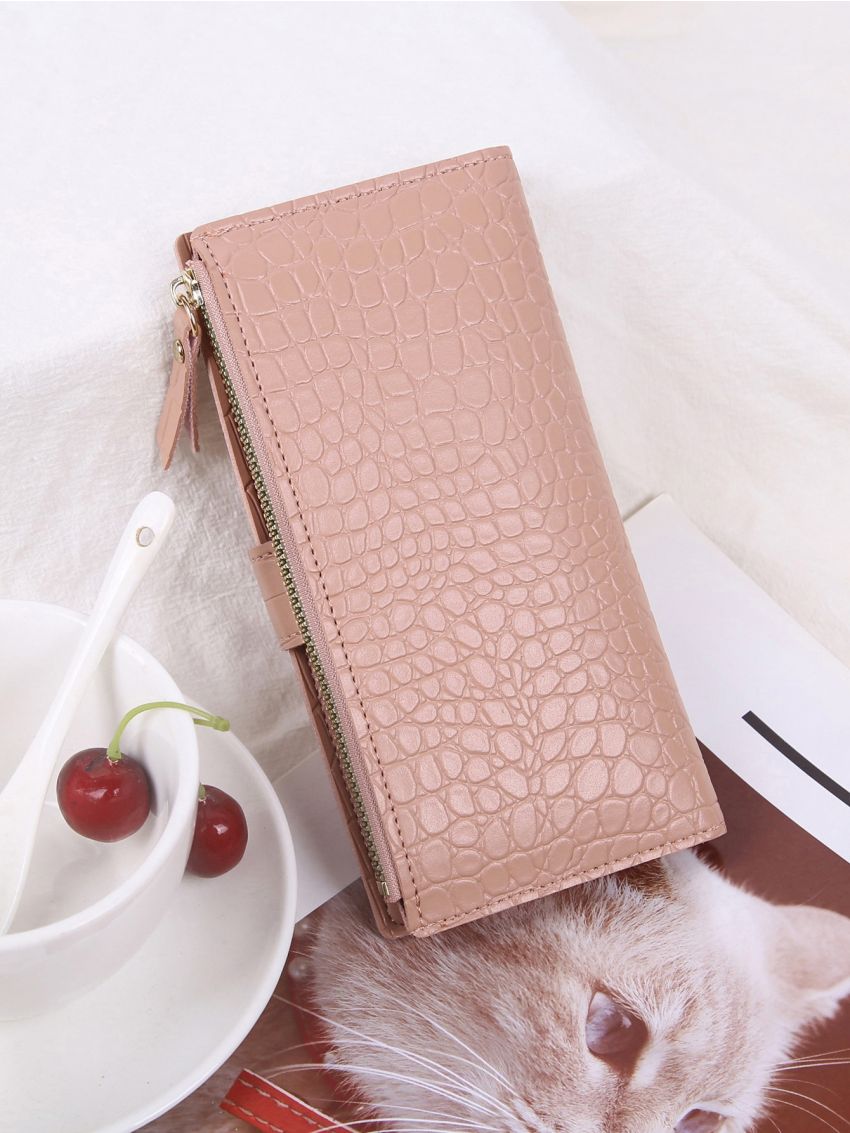 Random Crocodile Embossed Snap Button Long Wallet