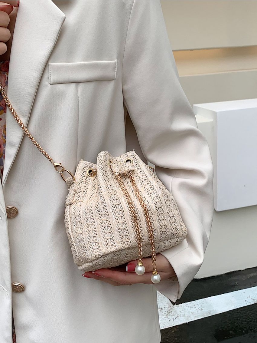 Mini Chain & Faux Pearl Decor Straw Bag