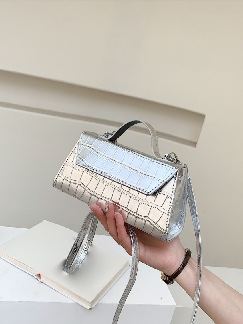 Metallic Crocodile Embossed Top Handle Flap Square Bag