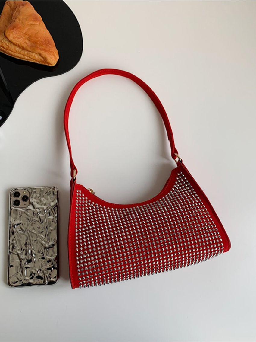 Minimalist Rhinestone Decor Baguette Bag