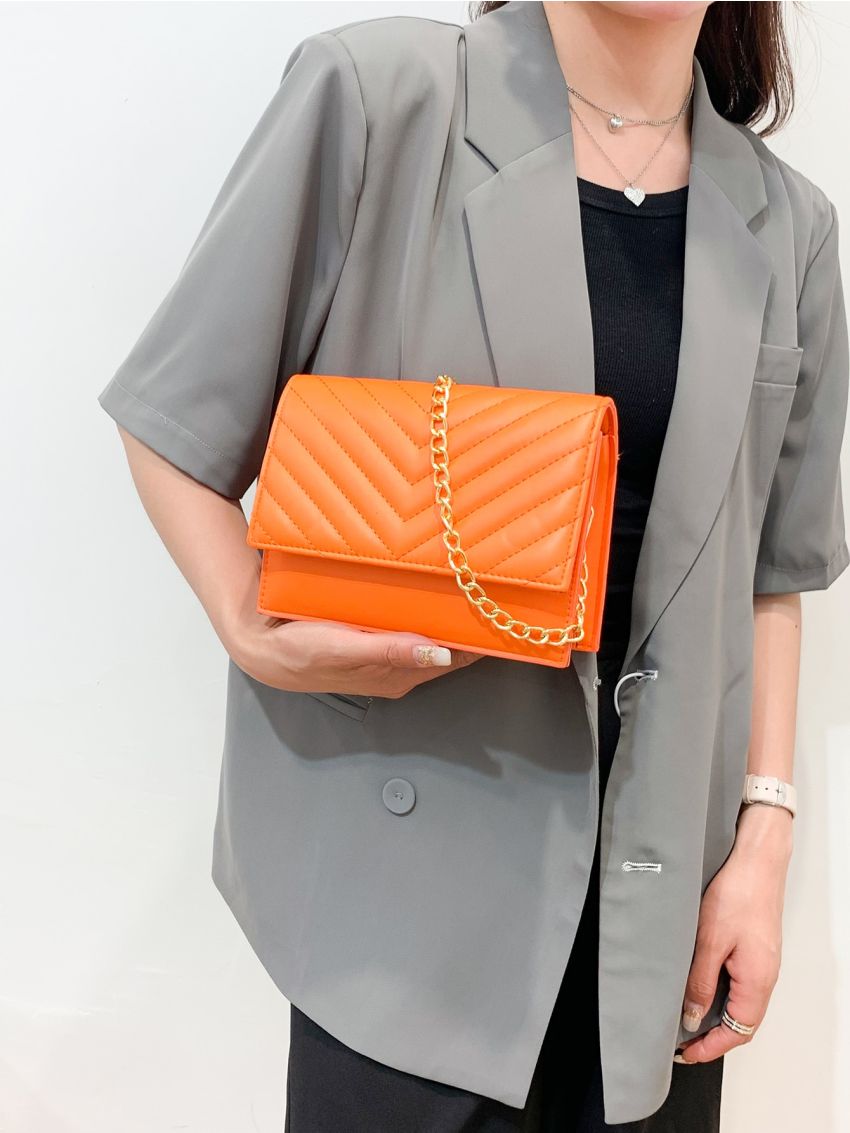 Mini Neon-Orange Chevron Quilted Flap Chain Square Bag