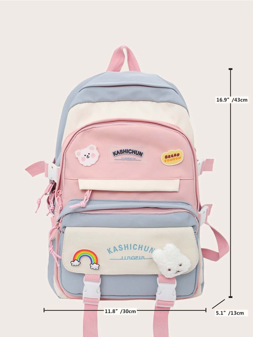 Multi-Compartment Badge Decor Colorblock Backpack