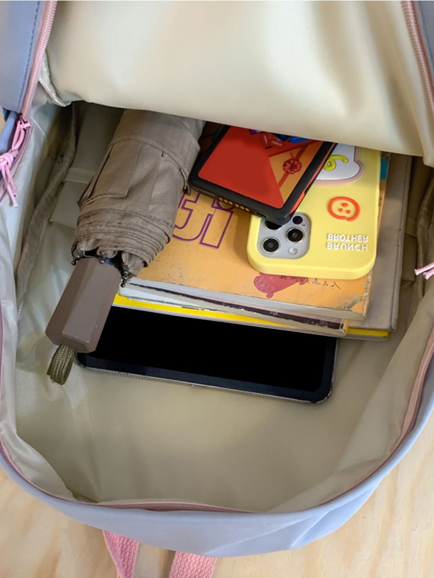 Multi-Compartment Badge Decor Colorblock Backpack