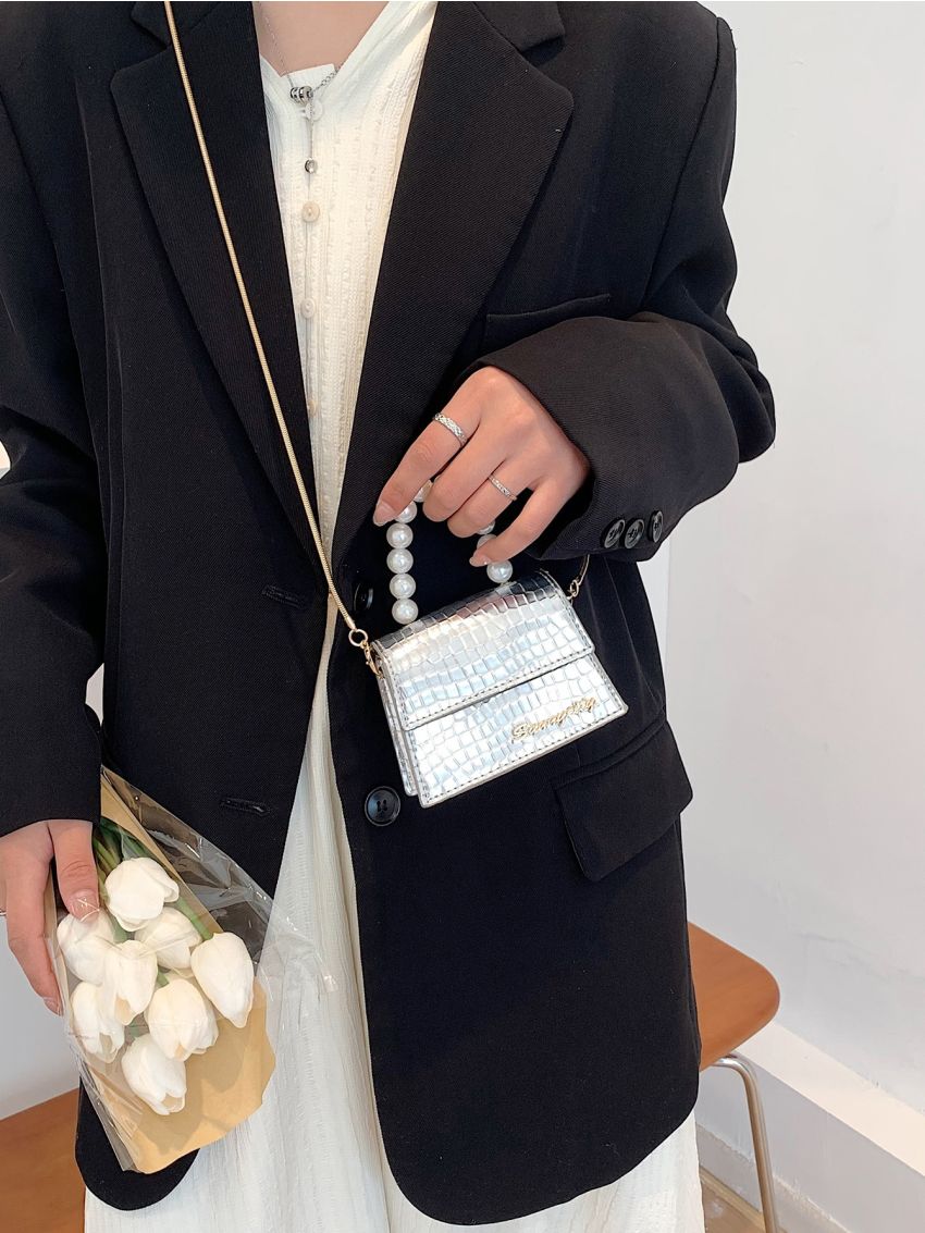 Mini Metallic Crocodile Embossed Faux Pearl Beaded Flap Chain Square Bag